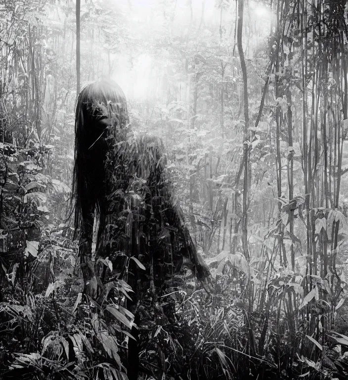 Image similar to a female model with long black hair, emerging from a dense misty jungle wearing camouflage by yohji yamamoto, in the style of daido moriyama, 3 5 mm film, camera obscura, double exposure