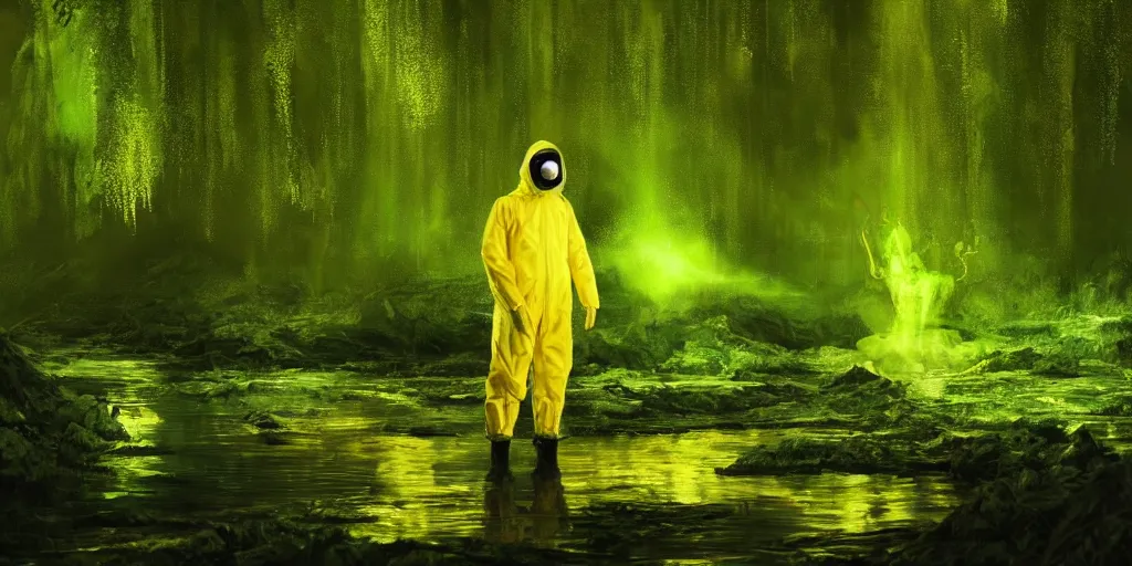 Image similar to a man in a yellow hazmat suit pours glowing green liquid into a magical river and stands in a detailed forest, painting, concept - art!!, rendering, octane, redshift, cinematic composition, volumetric lighting