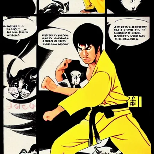 Prompt: Bruce Lee fighting with 9 cats in karate dojo, manga style page