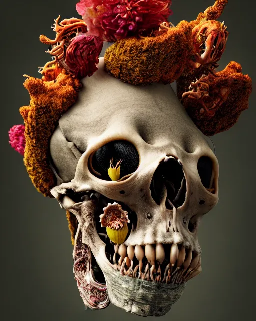 Image similar to a extremely disturbing horror photograph of a creature made out of rotten flowers and nature and fungus and bones, hyperrealism, sharp focus, cinematography, highly detailed, octane render, horror cgi 4 k, matte, photograph by professional photographer