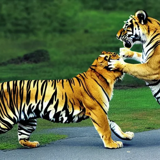 Prompt: tiger fighting a lion