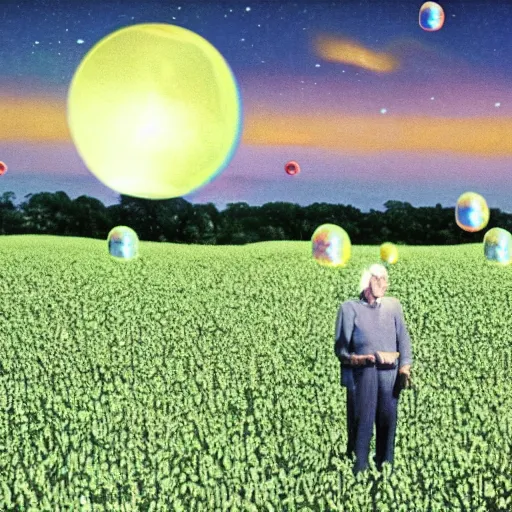 Image similar to an old man in a field looking at multiverse bubbles in the sky, scene from a star trek movie