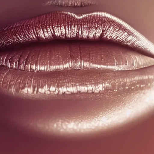 Image similar to extreme macro close up of beautiful female lips kissing large shiny bullet, hi - fructose, decadent highly - detailed digital painting, golden ratio, octane render, artstation, cinematic composition, smooth, sharp focus