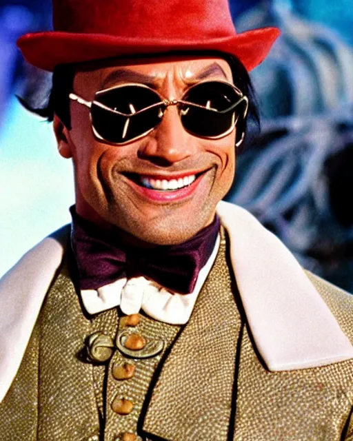 Image similar to Film still close-up shot of Dwayne Johnson as Willy Wonka from the movie Willy Wonka & The Chocolate Factory. Photographic, photography