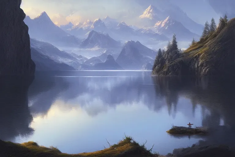 Prompt: beautiful serene landscape, mountains, lake, by raphael lacoste, low angle, wide angle, artstation