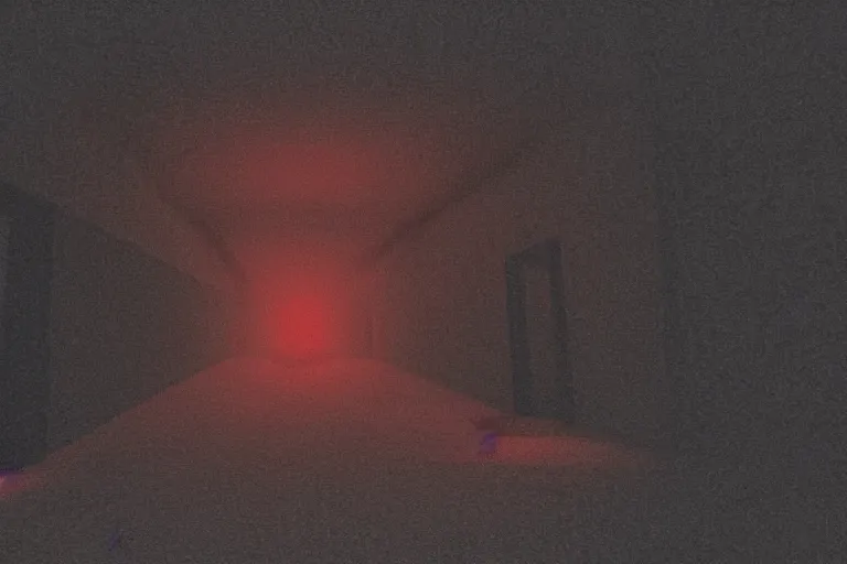 Image similar to cctv footage of an extremely dark empty room, evil horror cryptid monster chasing towards camera, made out of static, dark deep black shadows, crimson red and black color contrast in the style of trevor henderson and james ensor goya, liminal space, 3 d render, glitch effect