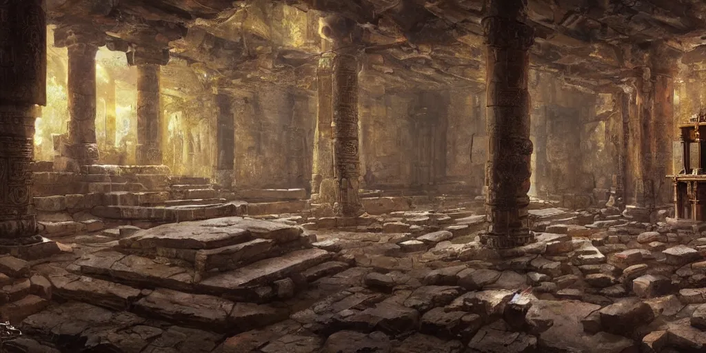 Image similar to deadly traps, ancient temple, pillars, tomb raidar, indiana jones, altar, traps, from inside a temple, temple run, painted by greg rutkowski