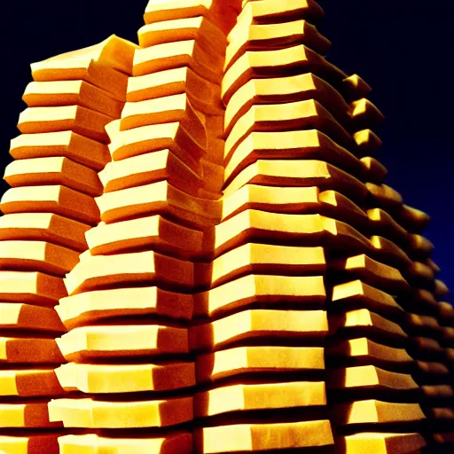 Image similar to a photo of a towering impressive building made of bread, cheese, and lunchmeat, dramatic lighting, bokeh, designed by frank gehry