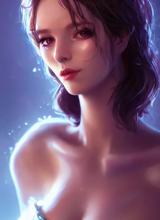 Image similar to beautiful fashion goddness, strapless dress, character portrait in the style of thomas river and artgerm, wlop, cinematic lighting, hyperdetailed, 8 k realistic, symmetrical, global illumination, radiant light, halo, love and mercy, frostbite 3 engine, cryengine, dof, trending on artstation, digital art, chanel