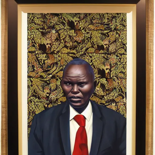 Image similar to a painting of a fatherly wide forehead, round face, XXL , loving, caring, generous, ever-present, humble, wise elder from Kenya in a suit by Kehinde Wiley . Fatherly/daddy, focused, loving, leader, relaxed,. ethereal lights, details, smooth, sharp focus, illustration, realistic, cinematic, artstation, award winning, rgb , unreal engine, octane render, cinematic light, macro, depth of field, blur, red light and clouds from the back, highly detailed epic cinematic concept art CG render made in Maya, Blender and Photoshop, octane render, excellent composition, dynamic dramatic cinematic lighting, aesthetic, very inspirational, arthouse.