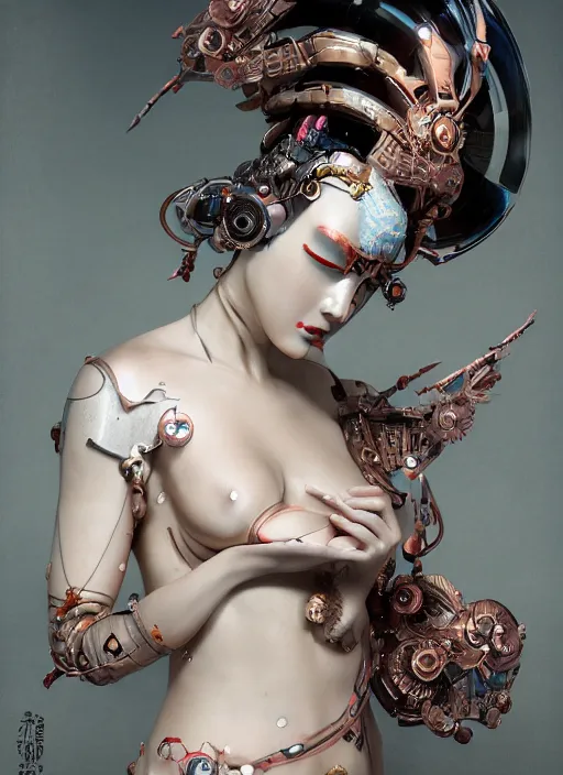 Image similar to portrait of a sensual futuristic geisha cyborg, latex, modern fine art, fractal, intricate ornaments, elegant, highly detailed, digital photography, subsurface scattering, by jheronimus bosch and greg rutkowski,