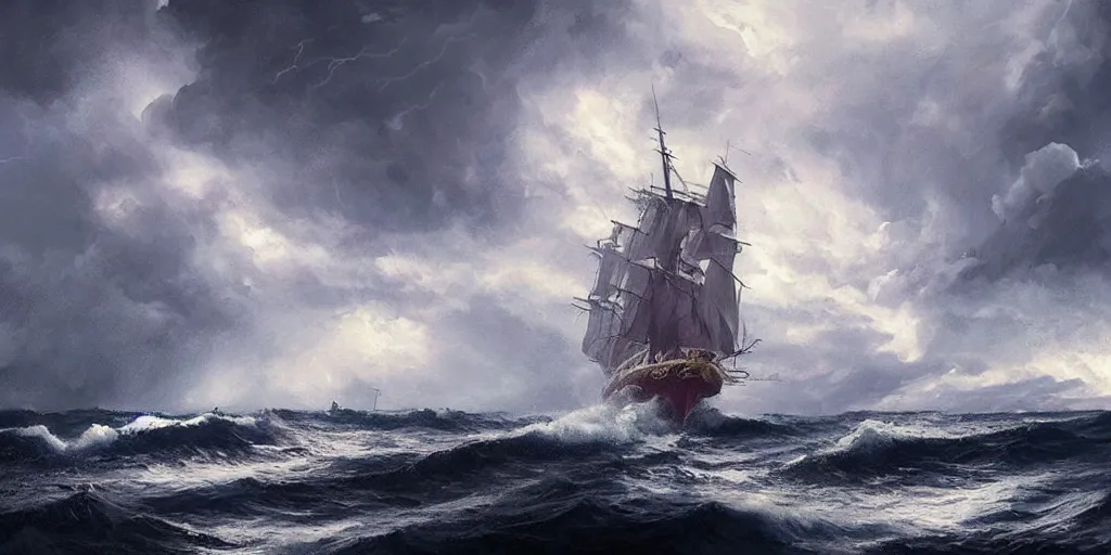 Image similar to A chinese sailing boat struggles through stormy seas, an intense storm blacks out the sky, lit by lightning, Greg Rutkowski and Studio Ghibli