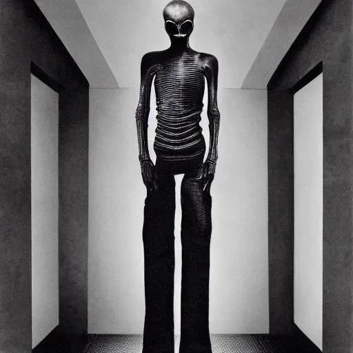 Prompt: giger biomehanic alien suit formal classic catwalk fashion beksinski hugo boss prada