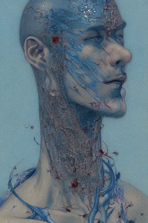 Image similar to portrait of beautiful young man, warhammer, japanic style, cyberpunk, a lot of scars, more and more flowers, blue head, the middle ages, highly detailed, artstation, illustration, art by jean delville, 8 k quality