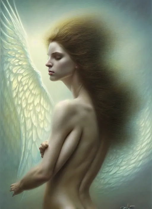 Image similar to elliot page as an angel, aesthetic, fine art, intricate, elegant, highly detailed, realistic hair, centered, digital painting, art station, conceptual art, soft, sharp focus, illustration, artwork, artgerm, tomasz alen kopera, peter mohrbacher, donato giancola, wlop, boris vallejo