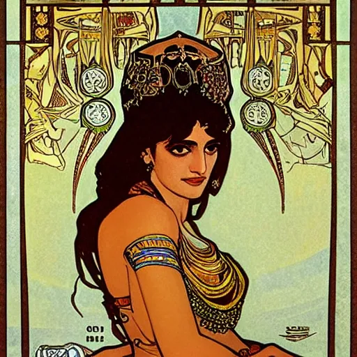 Prompt: a portrait of Penelope Cruz as a egyptian queen by Mucha.