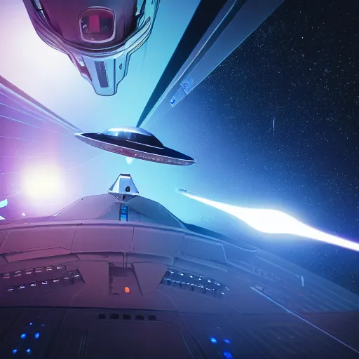 Prompt: ultra wide angle view of pilot in a futuristic sci - fi space ship in a space laser battle, stunning, dramatic, detailed, hyperrealistic photography