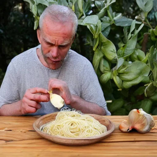 Image similar to a man eating a whole garlic clove with spaghetti, photo