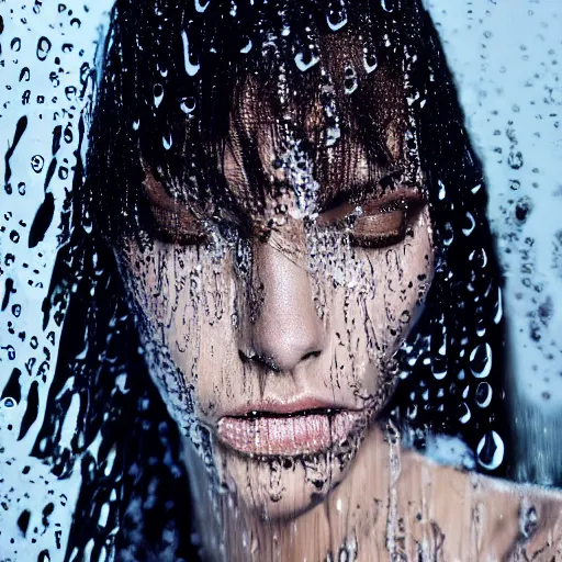 Prompt: close up of face of a wet fashion model in luxury dress, rainy, official dior editorial, highly detailed