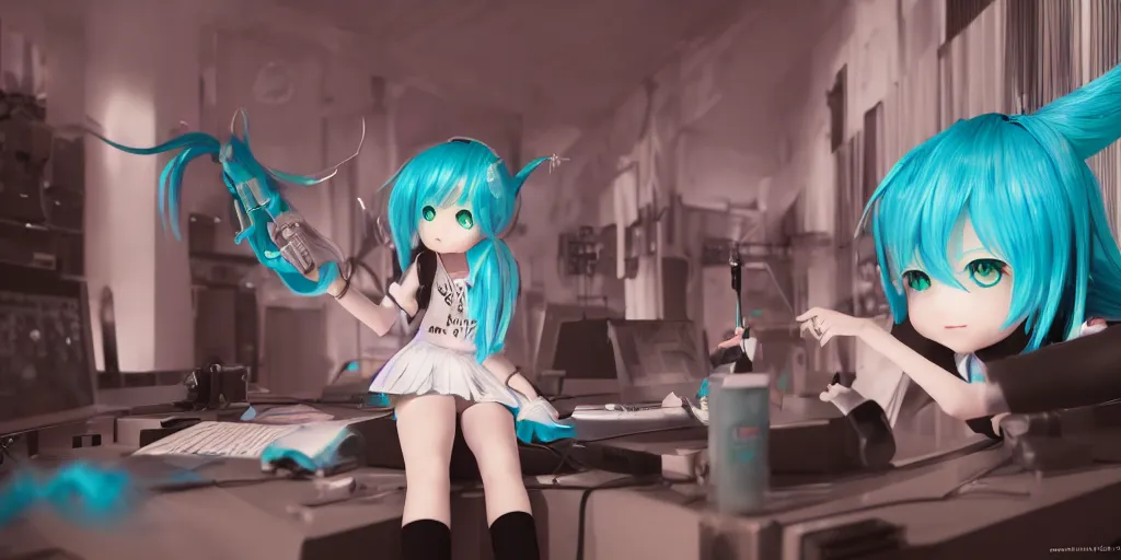 Image similar to hatsune miku, unreal 5, hyperrealistic, realistic, photorealistic, dynamic lighting, highly detailed, cinematic landscape, studio landscape, studio lighting