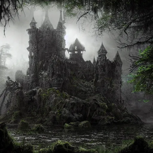 Image similar to full body pose, hyperrealistic photograph of the black castle of rotbog swamp, dim volumetric lighting, 8 k, octane beautifully detailed render, extremely hyper detailed, intricate, epic composition, cinematic lighting, masterpiece, trending on artstation, very very detailed, stunning, hdr, smooth, sharp focus, high resolution, award, winning photo, dslr, 5 0 mm