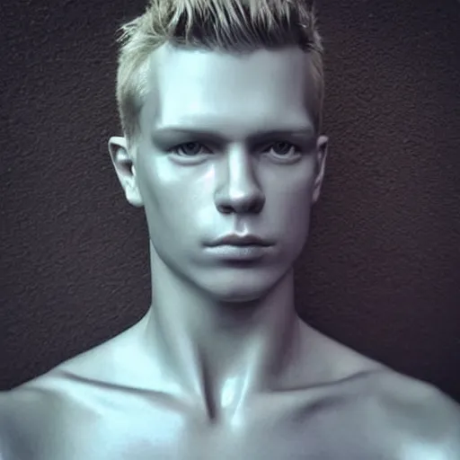 Image similar to “a realistic detailed photo of a guy who is an attractive humanoid who is half robot and half humanoid, who is a male android, Kevin Magnussen, shiny skin, posing like a statue, blank stare”