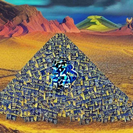 Image similar to a mountain made out of computer screens that display bitcoin logos, cinematic, post - apocalyptic landscape, harsh contrast lighting, in the style of surrealism, made by salvador dali