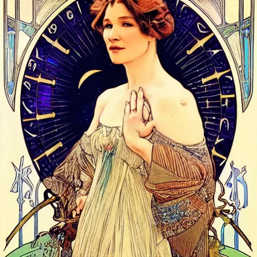 Prompt: renee zellweger portrait by louis - theophile hingre and alphonse mucha, realistic, sharp focus, zodiac signs, tarot cards, planets, ethereal, art nouveau, magic, moon, sun, crown, dreamy, royal, jewellery