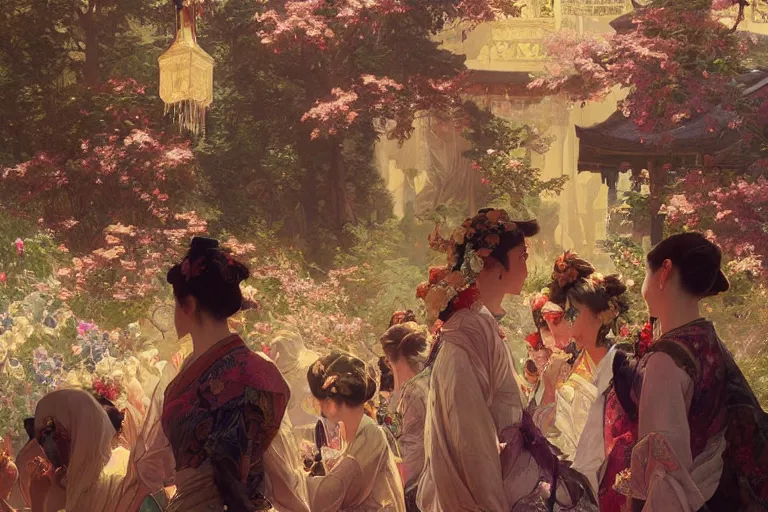 Image similar to a beautiful realistic painting of a festival at koyasan, intricate, elegant, highly detailed, digital painting, artstation, concept art, by krenz cushart and artem demura and alphonse mucha