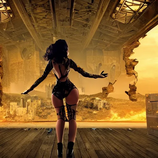 Image similar to Epic cinematic action scene render of a very beautiful dollpunk wearing Abstract tech bodysuit, in front of a ruined city, focus, realistic eyes, symmetric body features proportions, golden ratio, ultra intricate details, award winning, unreal render