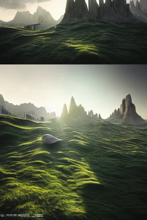 Image similar to sci - fi concrete brutalist architecture in the italian dolomites, zaha hadid, beksinski, photoreal, highly detailed, 8 k, hd, vray, artstation, trending on behance, cinematic matte painting, extreme detail photo quality, green moss, sunrays, sunset, featured on behance