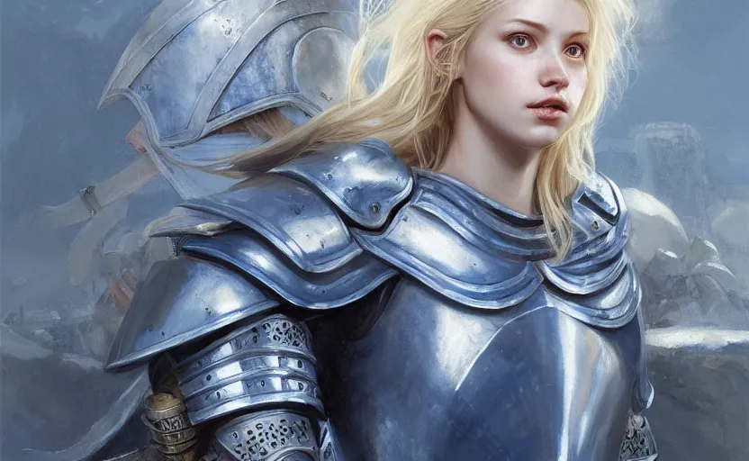 Image similar to young blonde female warrior in heavy blue and white armor, surrounded by crowd of knights, epic wallpaper, wide shot, high fantasy, flowers and trees, intricate detail, digital painting, artstation, concept art, smooth, sharp focus, illustration, art by monia merlo and wlop and artgerm and craig mullins