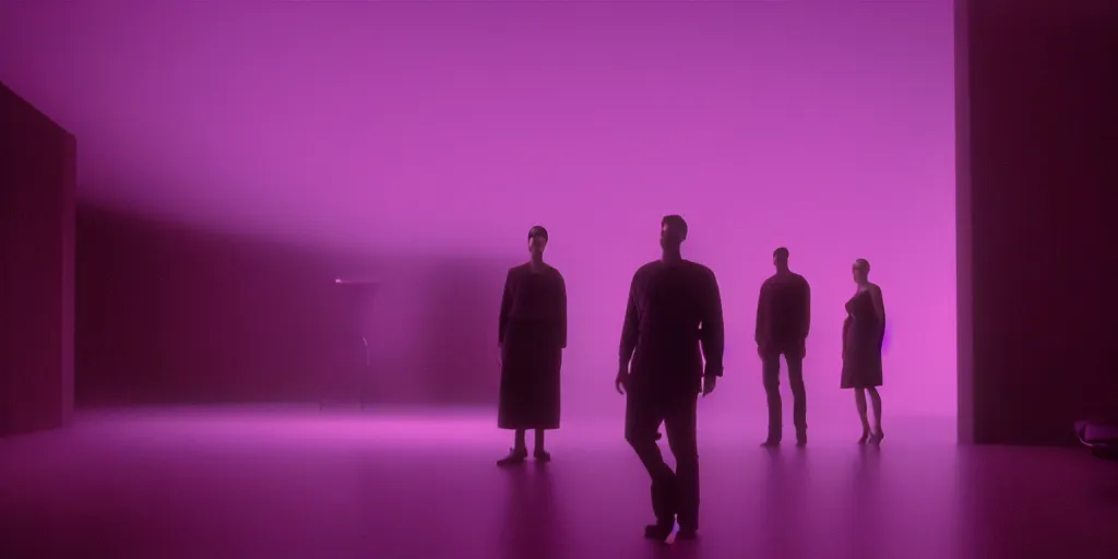 Image similar to cinestill of a giant form made of purple wax float through the living room film still from the movie directed by denis villeneuve with art direction, pouring rain menacing lights shadows, 8 k, hd, high resolution, 3 5 mm, f / 3 2, ultra realistic faces, lost highway