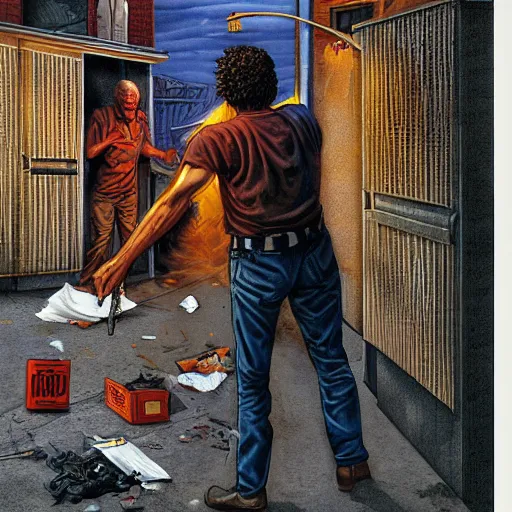 Image similar to a man hides behind a dumpster to reload while the demon in the alley coalesces : high quality high detail painting by david mattingly and larry elmore and richard corben, hd, realistic scene painting, photorealistic lighting, modern supernatural urban horror, street scene