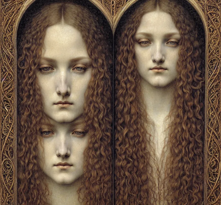 Image similar to detailed realistic beautiful young medieval queen face portrait by jean delville, gustave dore and marco mazzoni, art nouveau, symbolist, visionary, gothic, pre - raphaelite. horizontal symmetry