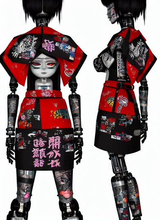 Image similar to full body photo of a punk geisha robot with kanji tattoos and decals wearing a digital pixelated kimono, intricate design, photo - realistic, octane render, ultra fine detailed, character design, trending on artstation