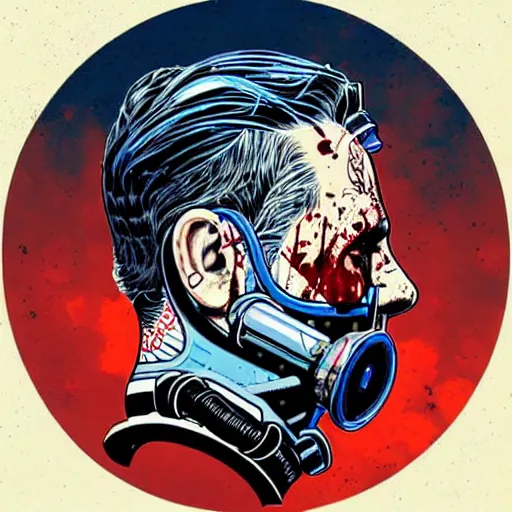 Prompt: a profile photo of an old man with a diving oxygen mask with side profile blood in ocean intricate details by MARVEL comics and Sandra Chevrier-C