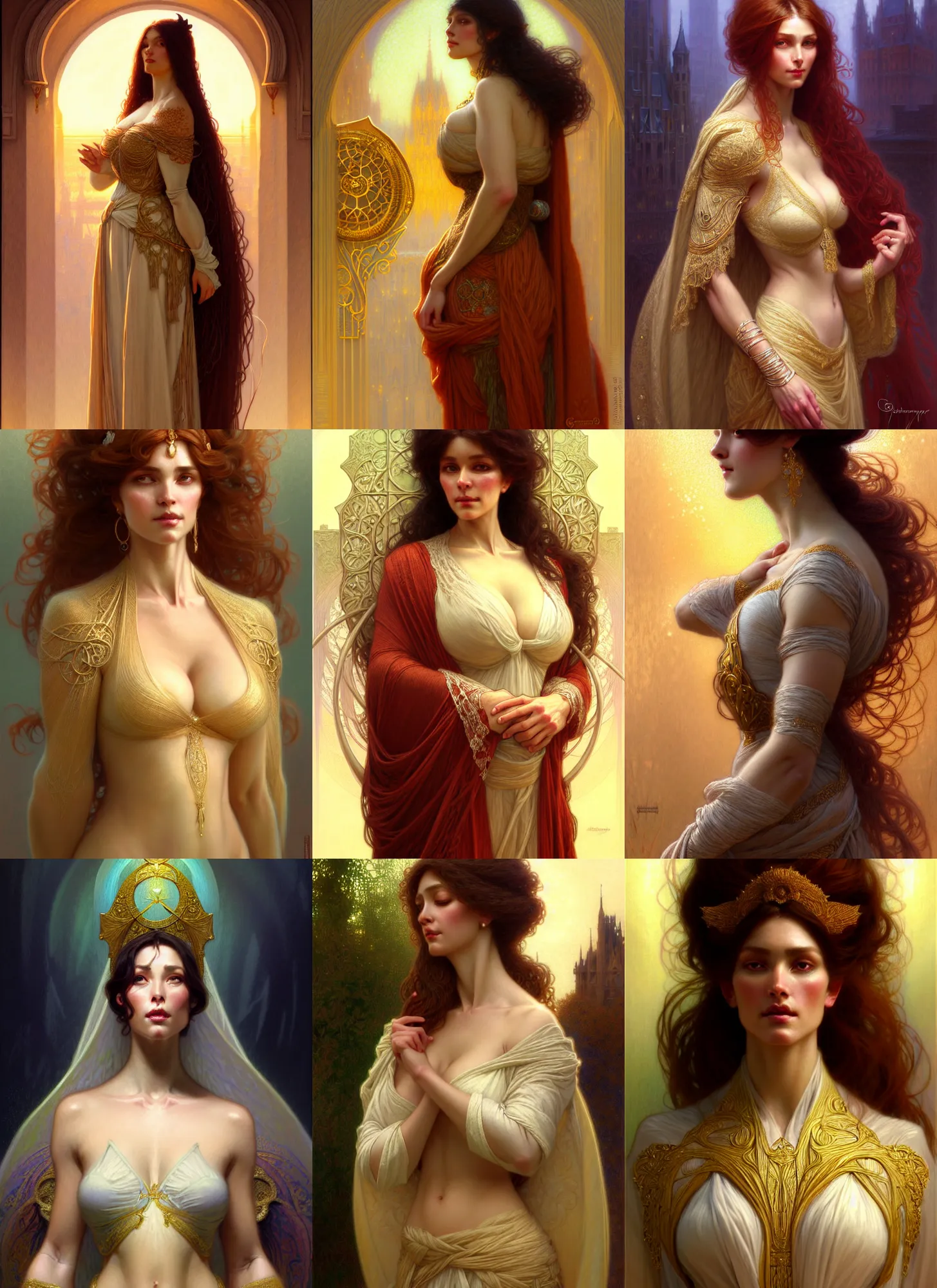 Prompt: character concept portrait of me as modest wife blessed by god to grow ever more intelligent beautiful voluminous muscular tall and virtuous. modestly clothed, intricate, elegant, highly detailed, digital painting, artstation, concept art, symmetry, smooth, sharp focus, illustration, art by gaston bussiere and alphone mucha