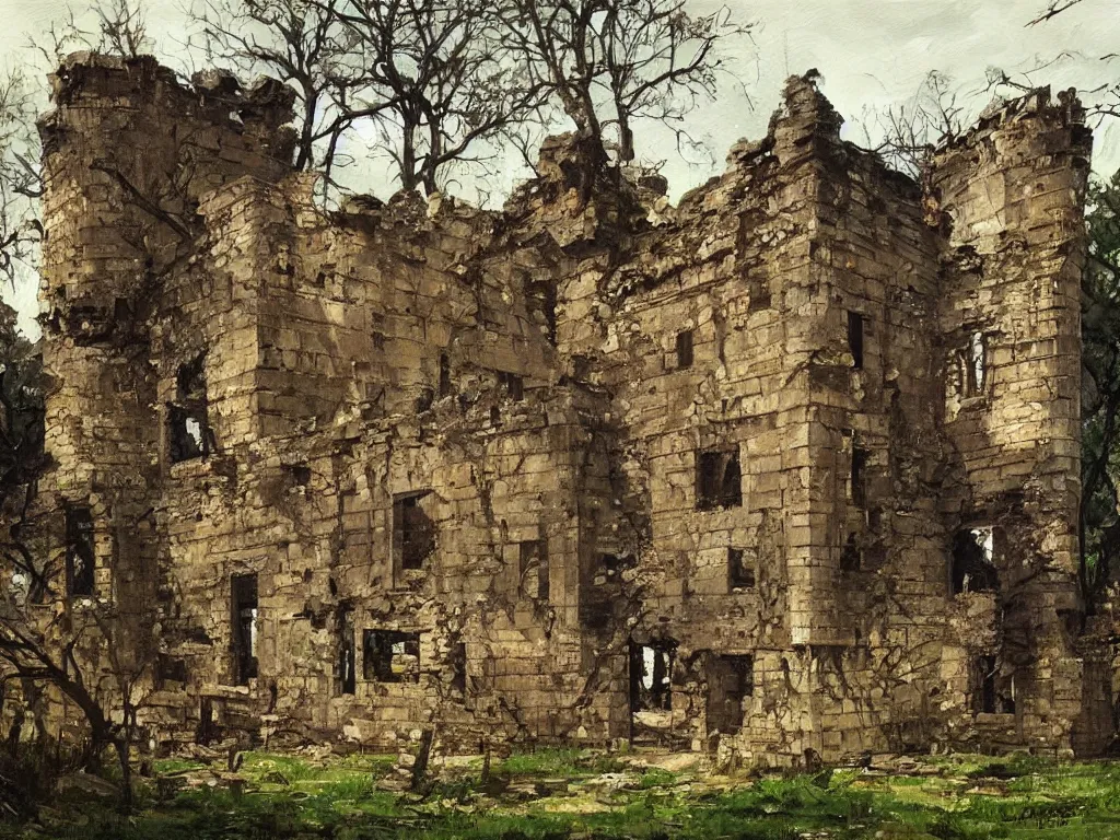 Image similar to A beautiful painting of a dilapidated ancient castle building in the wood, by Coby Whitmore, Trending on artstation, very detailed