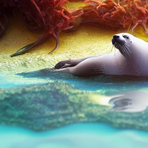 Image similar to A seal sleeping peacefully in a kelp forest, Prince in pastel!!, **cinematic, hyper realistic, detailed, 8k, octane render**.