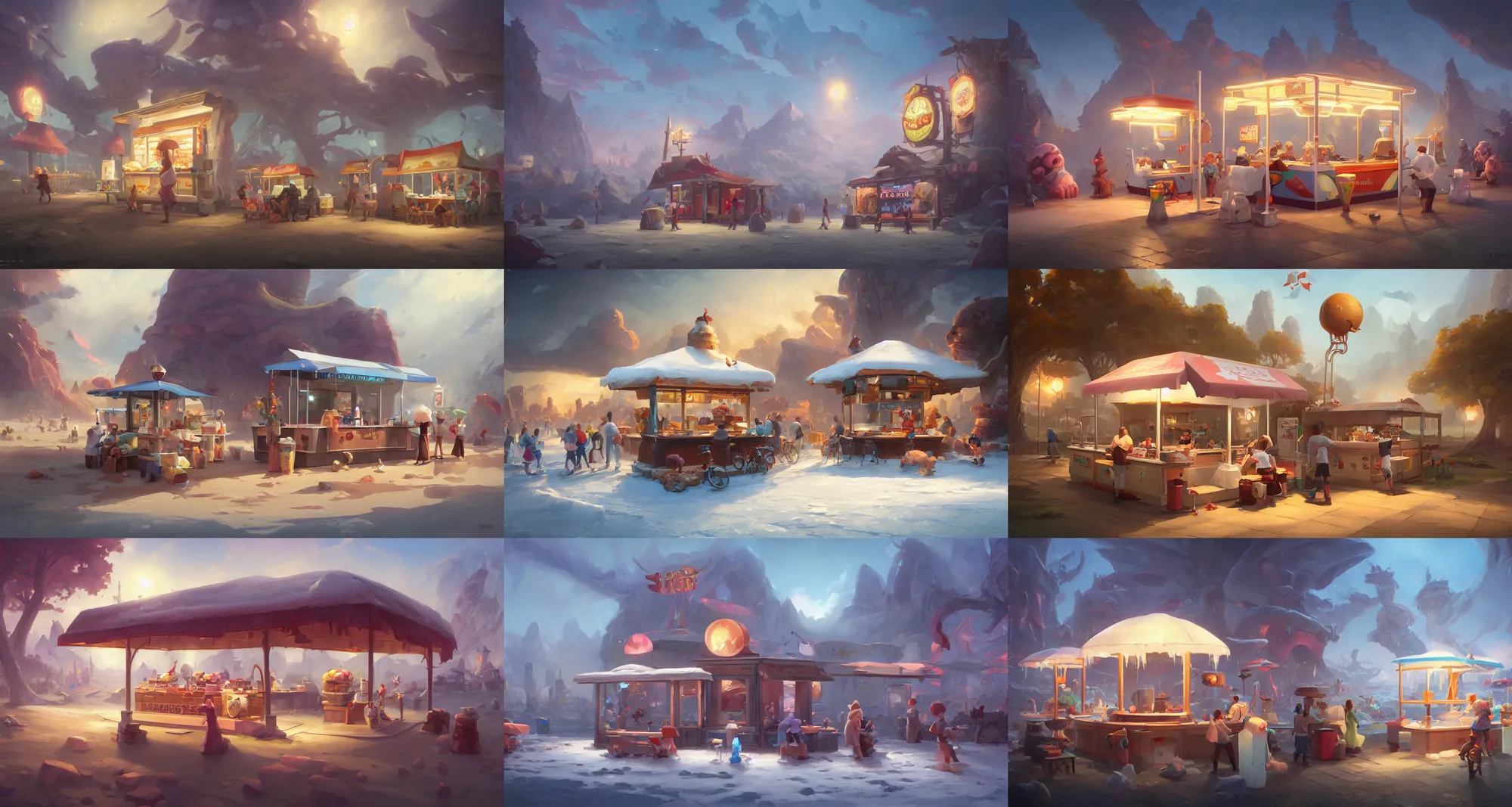 Prompt: Ice cream stand, concept art by Noah Bradley, Darek Zabrocki, Tyler edlin, Jordan Grimmer, Neil Blevins, James Paick, Natasha Tan, highly detailed, ultra detailed, ultra realistic, trending on artstation