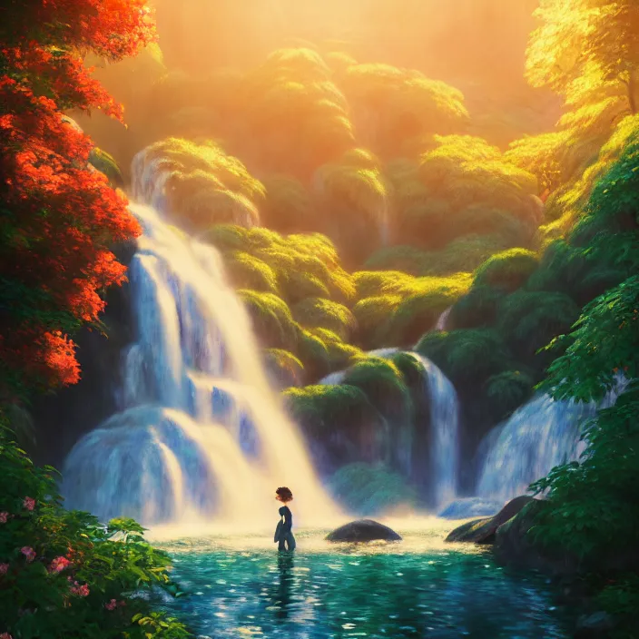 Image similar to an epic makoto shinkai and renoir landscape of a twin waterfall, 🌺, golden hour, ultra smooth, lois van baarle, ilya kuvshinov, unreal engine, blender, trending on artstation, suntur, caleb worcester, highly detailed, photorealism, bloom effect 8 k