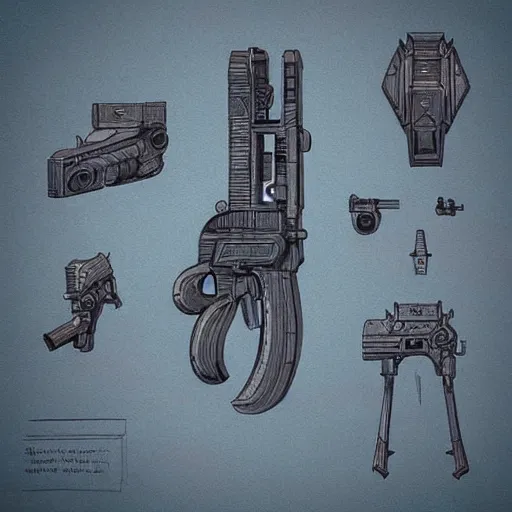 Prompt: “A blueprint for a futuristic gun, D&D sci-fi, artstation, concept art, highly detailed illustration.”