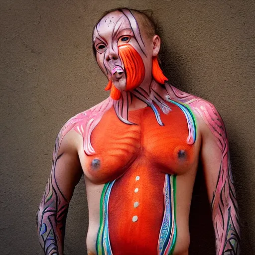 Prompt: salmon body paint human form detailed photography