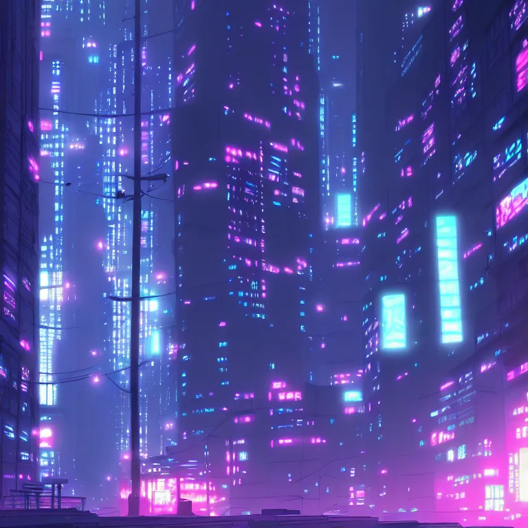 Image similar to city in the atmospheric cyberpunk anime film, gouache matte background painting, neon noir, at night with lights, by makoto shinkai, in the anime series ergo proxy, beautiful specular edge highlights and rim lighting