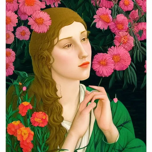 Image similar to a lot of flowers morphing in a beautiful girls face, film still by wes anderson, depicted by botticelli, limited color palette, very intricate, art nouveau, highly detailed, lights by hopper, soft pastel colors, minimalist