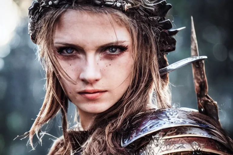 Image similar to close - up photo of a beautiful warrior princess in a battle scene, detailed eyes, shallow depth of field, photorealistic, cinematic lighting, lovely bokeh, warm colours, dusk