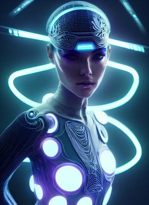 Image similar to portrait of female humanoid, intricate, very futuristic suit, elegant, cyber neon lights, highly detailed, digital photography, trending in artstation, trending in pinterest, glamor pose, concept art, smooth, sharp focus, art by artgerm and greg rutkowski