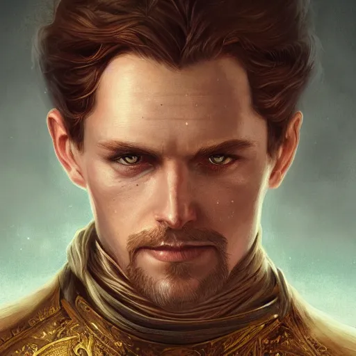 Image similar to a detailed matte head - on portrait painting of an middle - aged nobleman with golden eyes and short well kept hair, by charlie bowater, lise deharme, wlop, tending on arstation, dungeons and dragon, dnd, pathfinder, fanart, oil on canvas