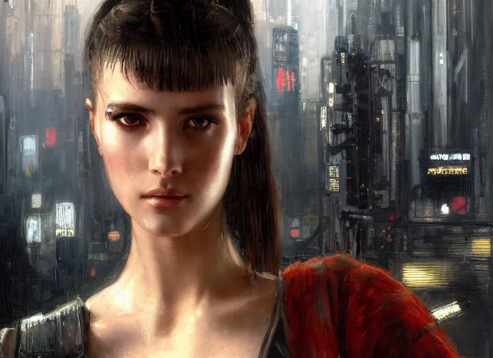 Image similar to maria the android evading blade runner ( blade runner 2 0 4 9, dystopian, cyberpunk 2 0 7 7 character design ). orientalist portrait by john william waterhouse and james gurney and theodore ralli and nasreddine dinet, oil on canvas. cinematic, hyper realism, realistic proportions, dramatic lighting, high detail 4 k